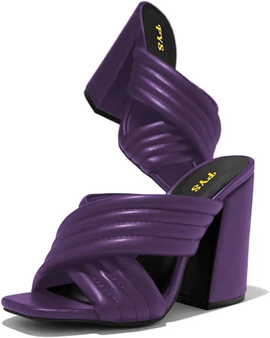 FYS Women Stylish Square Open Toe Slip on Mules Crisscross Strap Block Chunky High Heel Slide Sandals Summer Party Shoes Size 4-15 US