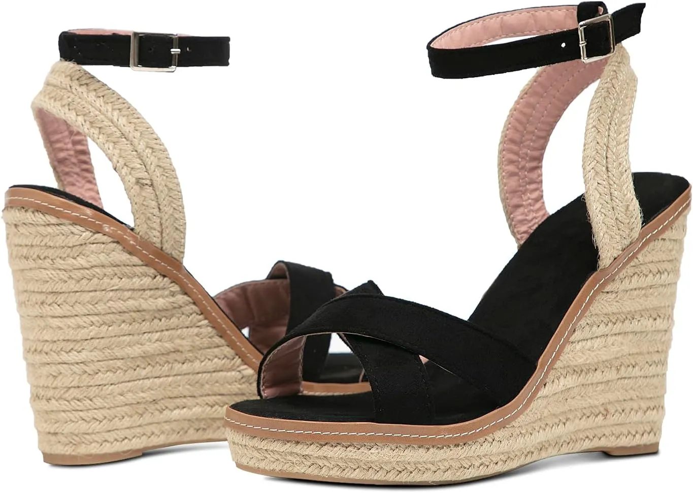GATUXUS Women's Raffia Espadrilles Wedge Sandals Open Toe Platform Buckled Ankle Strap High Heels Dress Shoes