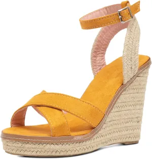 GATUXUS Women's Raffia Espadrilles Wedge Sandals Open Toe Platform Buckled Ankle Strap High Heels Dress Shoes