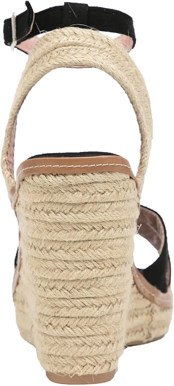 GATUXUS Women's Raffia Espadrilles Wedge Sandals Open Toe Platform Buckled Ankle Strap High Heels Dress Shoes