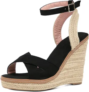 GATUXUS Women's Raffia Espadrilles Wedge Sandals Open Toe Platform Buckled Ankle Strap High Heels Dress Shoes
