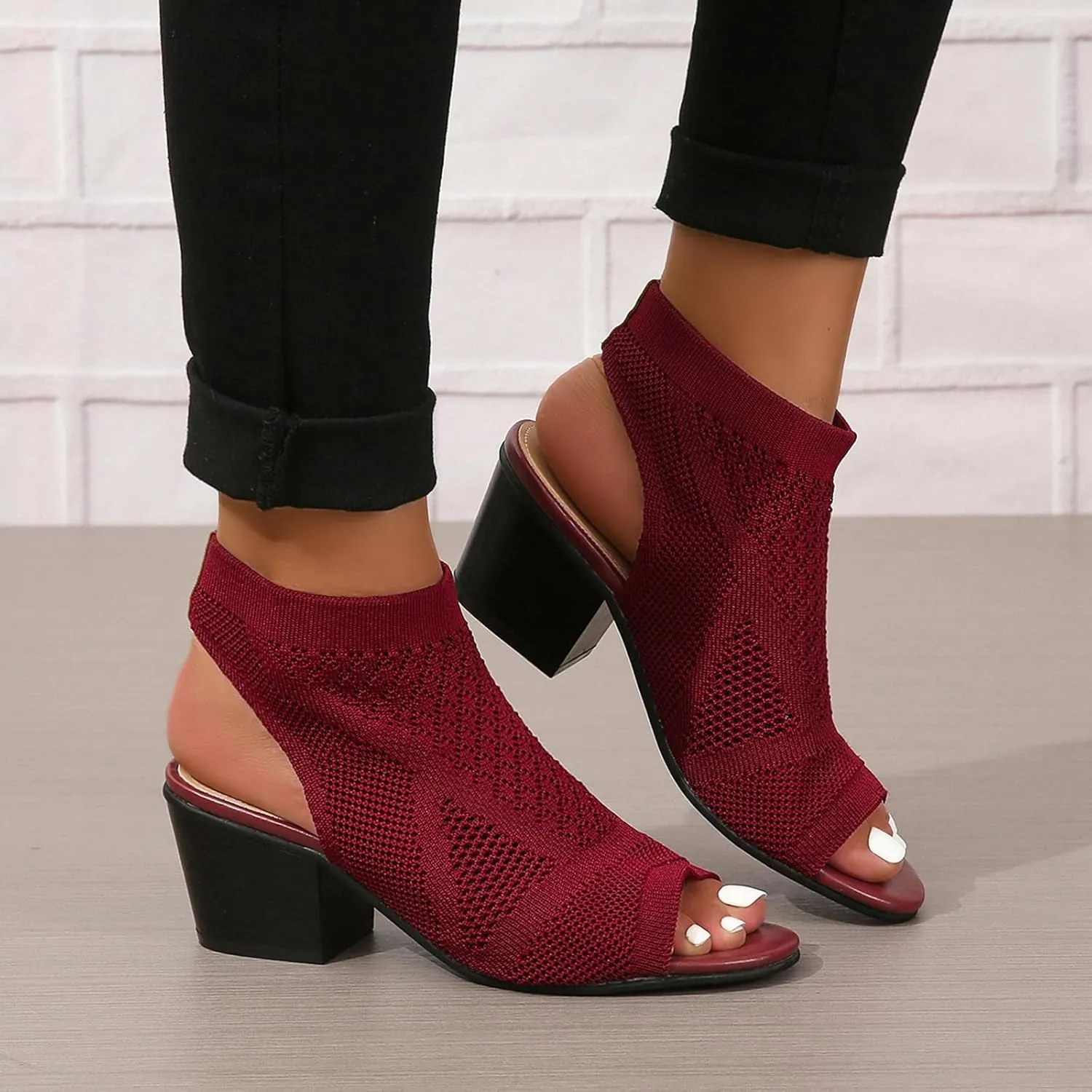Generic Women's Knit Chunky Block High Heels Sandals Slingback Cut Out Peep Toe Chunky Stacked Heel Ankle Booties