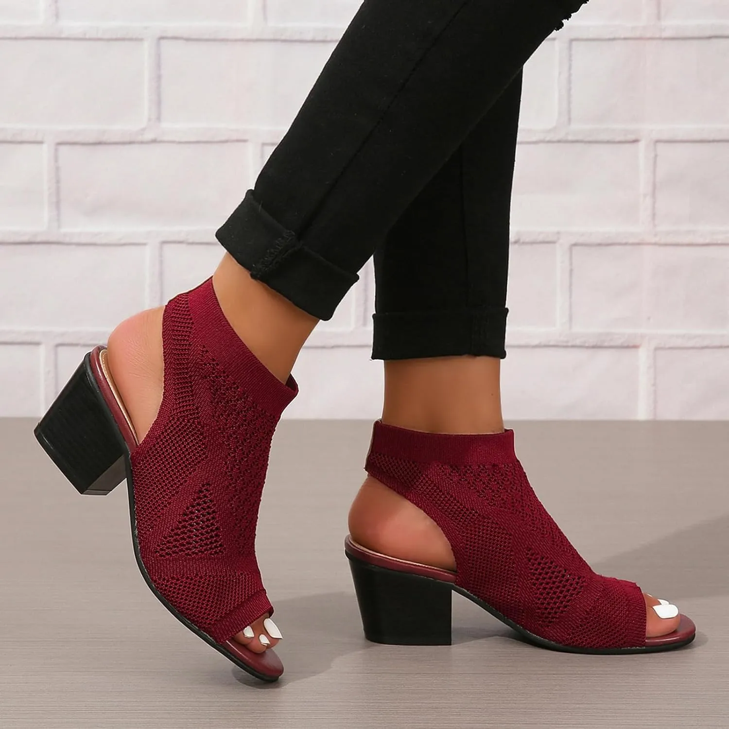 Generic Women's Knit Chunky Block High Heels Sandals Slingback Cut Out Peep Toe Chunky Stacked Heel Ankle Booties