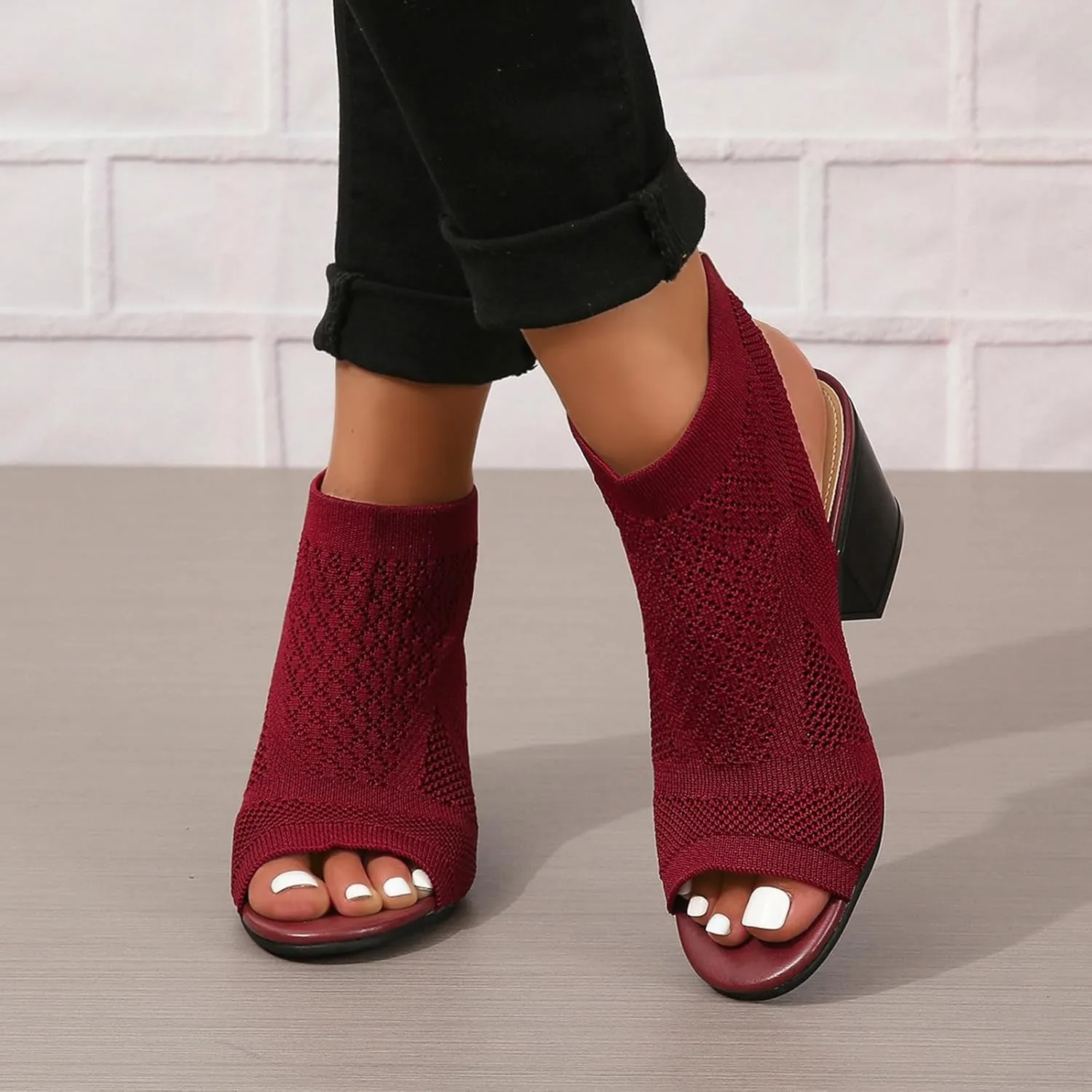Generic Women's Knit Chunky Block High Heels Sandals Slingback Cut Out Peep Toe Chunky Stacked Heel Ankle Booties