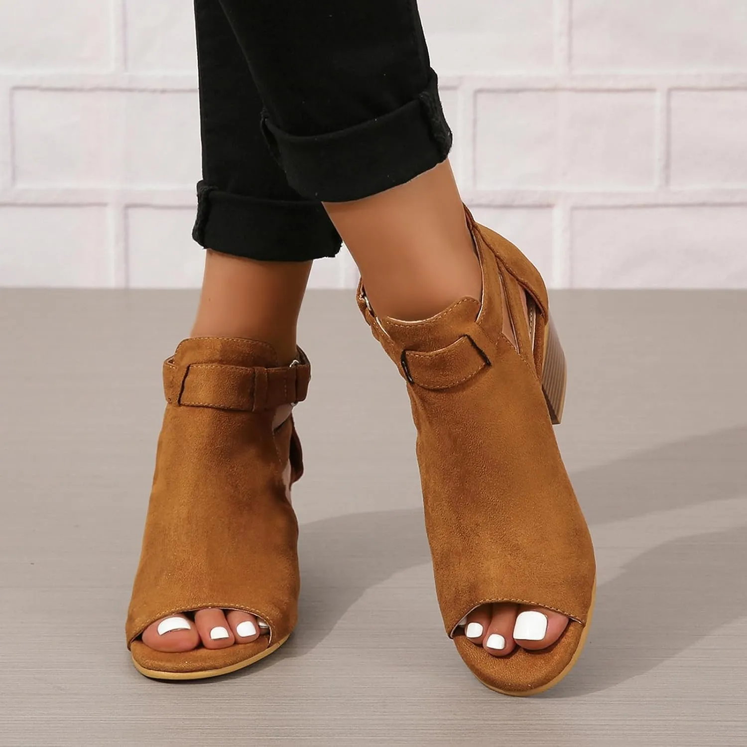 Generic Womens Peep Toe Ankle Booties Chunky Heels Suede Side Cutout Back Zipper Sandals Ankle Strap Dressy Sandals