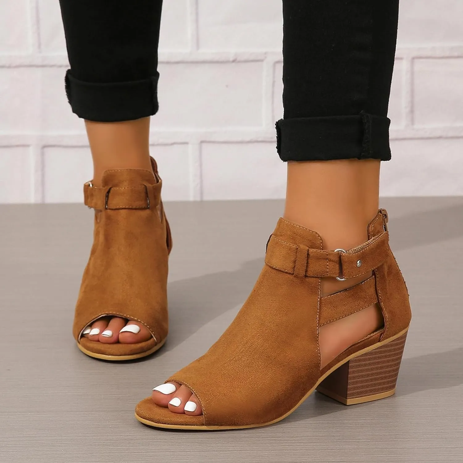 Generic Womens Peep Toe Ankle Booties Chunky Heels Suede Side Cutout Back Zipper Sandals Ankle Strap Dressy Sandals