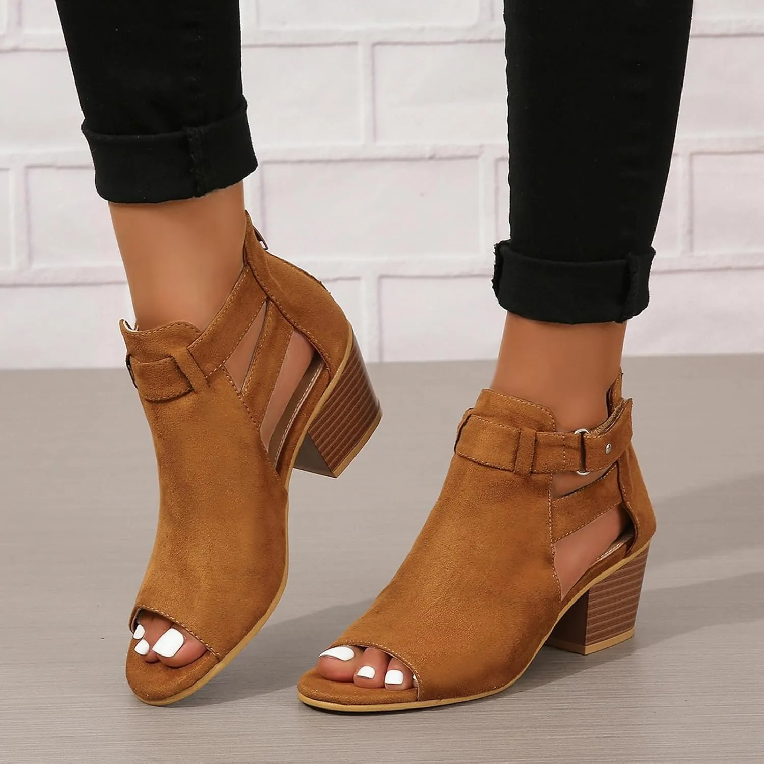 Generic Womens Peep Toe Ankle Booties Chunky Heels Suede Side Cutout Back Zipper Sandals Ankle Strap Dressy Sandals