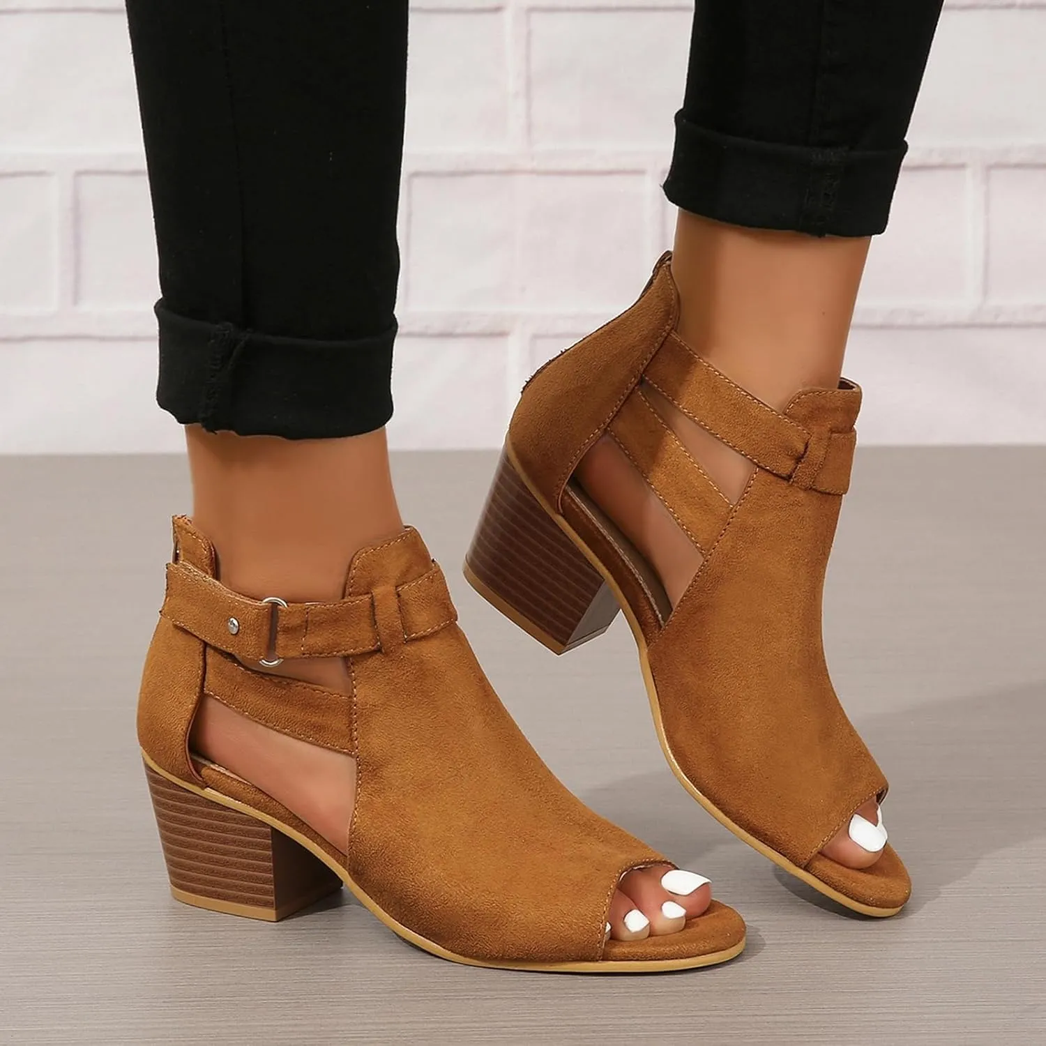 Generic Womens Peep Toe Ankle Booties Chunky Heels Suede Side Cutout Back Zipper Sandals Ankle Strap Dressy Sandals