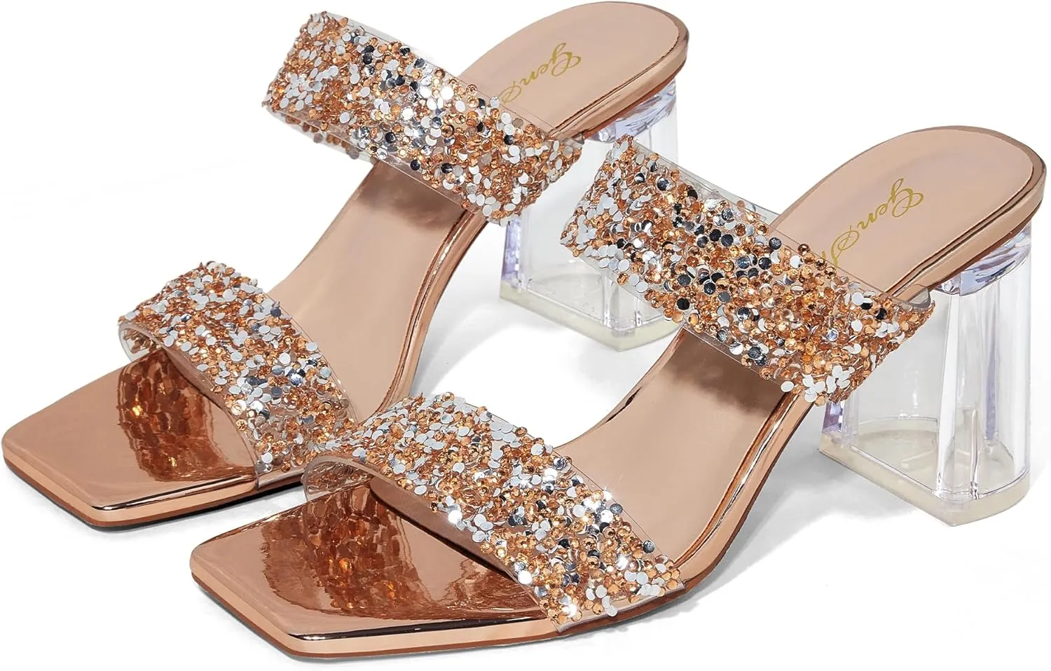 GENSHUO High Chunky Heels for Women Fashion Comfort Slip on Square Open Toe Block Heel Sandals Two Strap Backless Mules