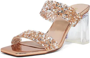 GENSHUO High Chunky Heels for Women Fashion Comfort Slip on Square Open Toe Block Heel Sandals Two Strap Backless Mules