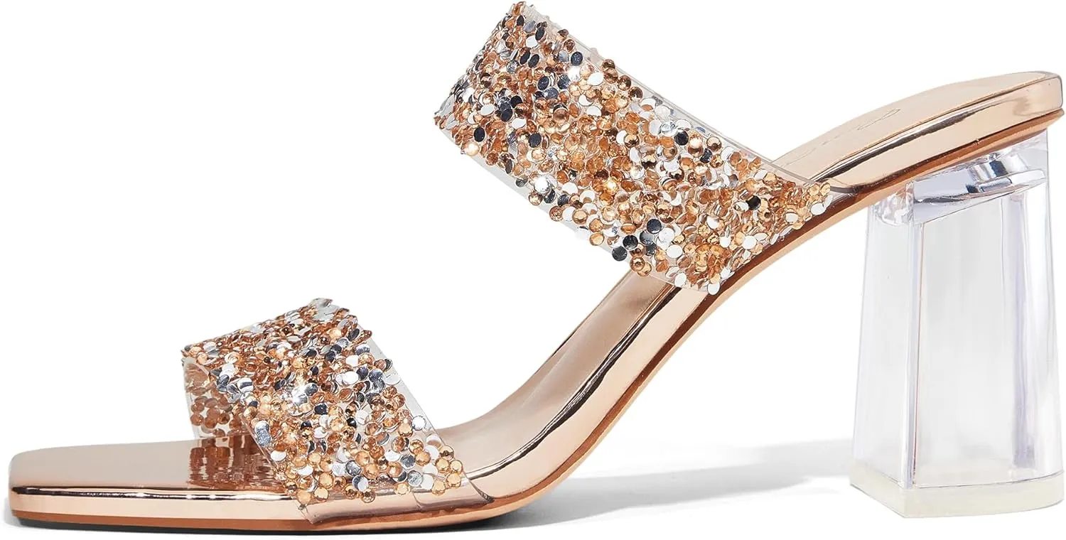 GENSHUO High Chunky Heels for Women Fashion Comfort Slip on Square Open Toe Block Heel Sandals Two Strap Backless Mules