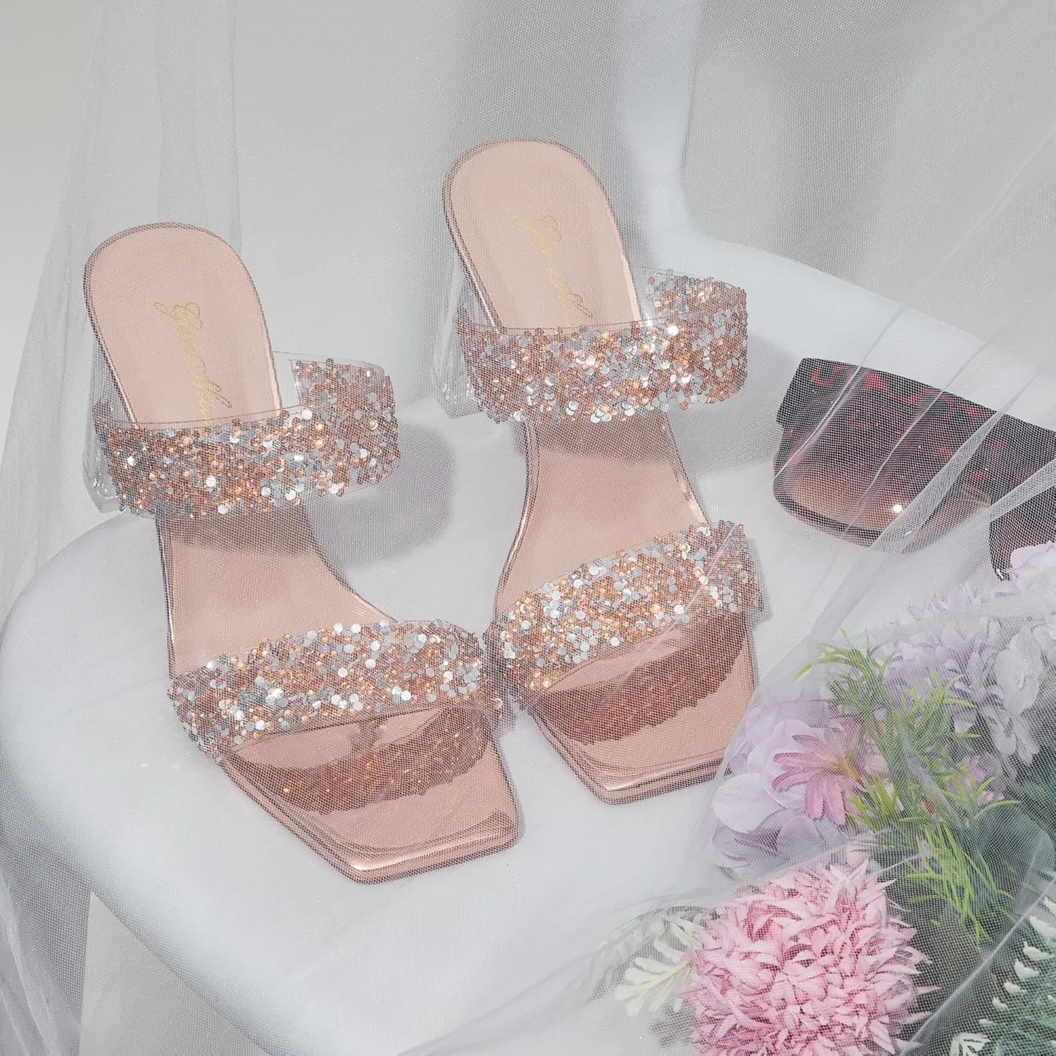 GENSHUO High Chunky Heels for Women Fashion Comfort Slip on Square Open Toe Block Heel Sandals Two Strap Backless Mules