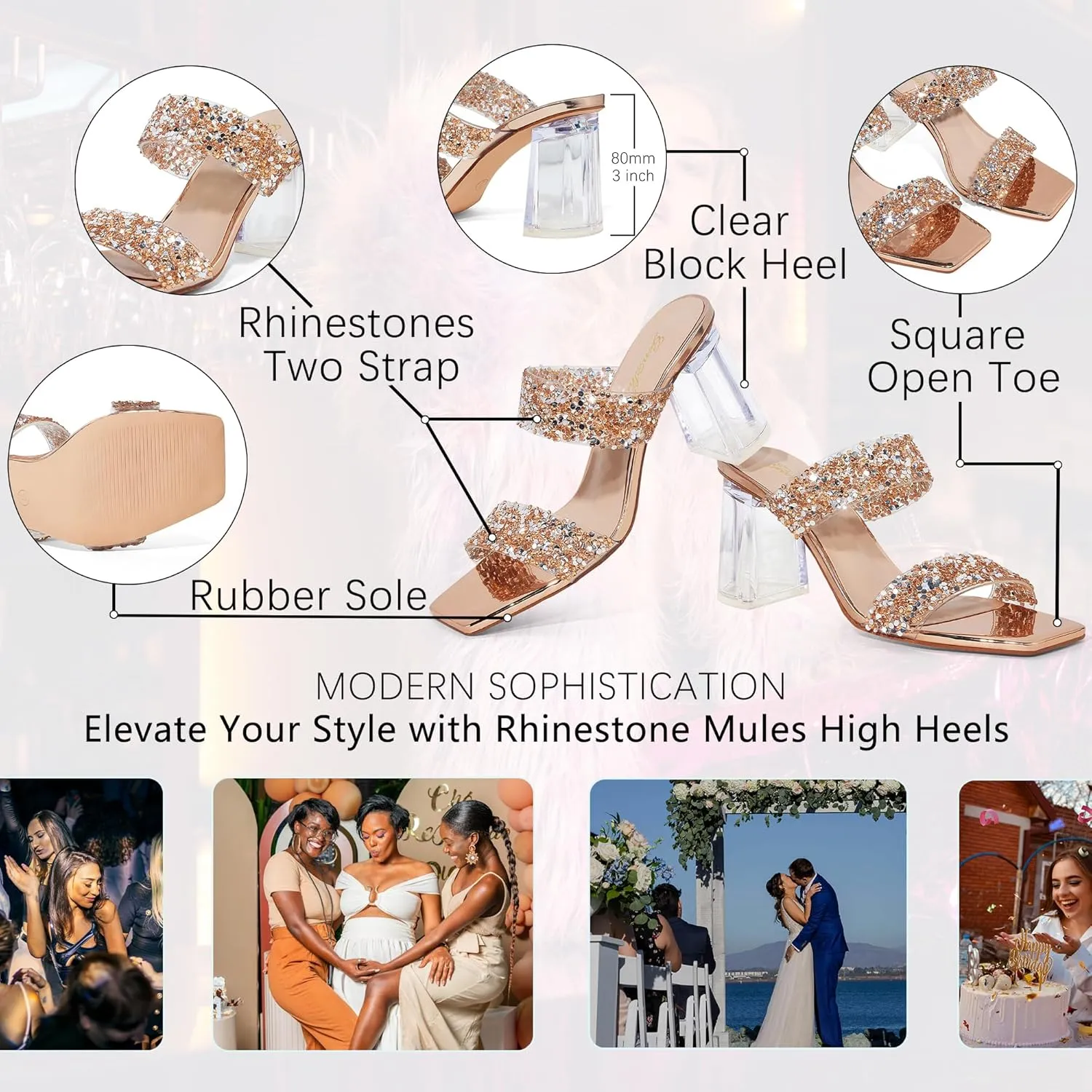 GENSHUO High Chunky Heels for Women Fashion Comfort Slip on Square Open Toe Block Heel Sandals Two Strap Backless Mules