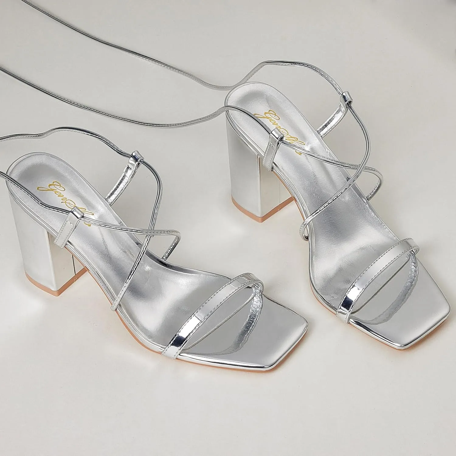 GENSHUO Square Toe Sandals Women Lace up Chunky High Heels Strappy Sandals Block Heeled Ankle Wrap Homecoming Wedding Dress Shoes Gold Size 9.5