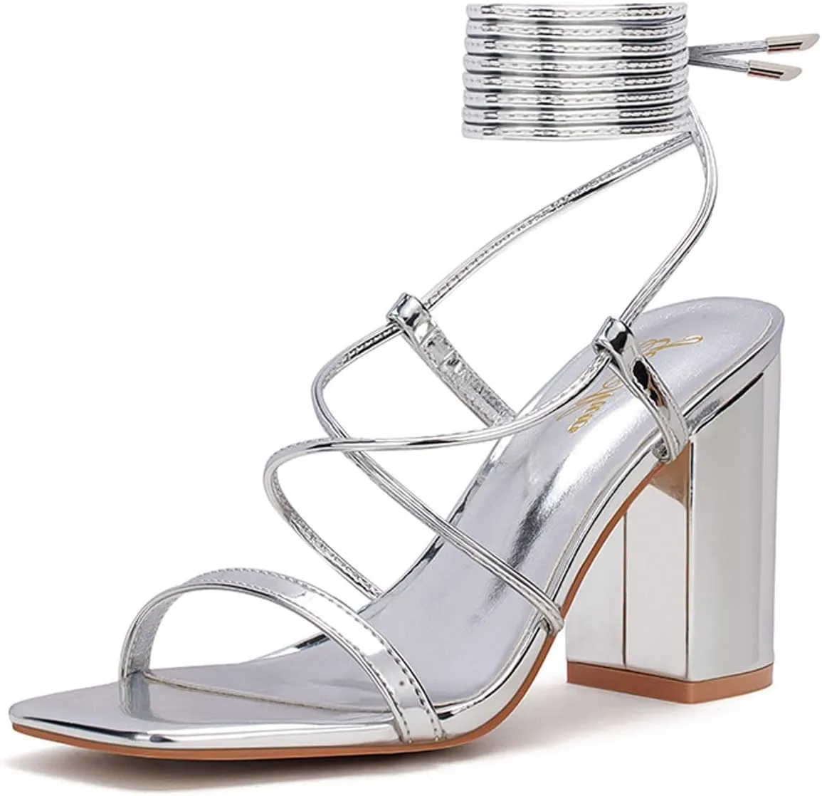 GENSHUO Square Toe Sandals Women Lace up Chunky High Heels Strappy Sandals Block Heeled Ankle Wrap Homecoming Wedding Dress Shoes Gold Size 9.5