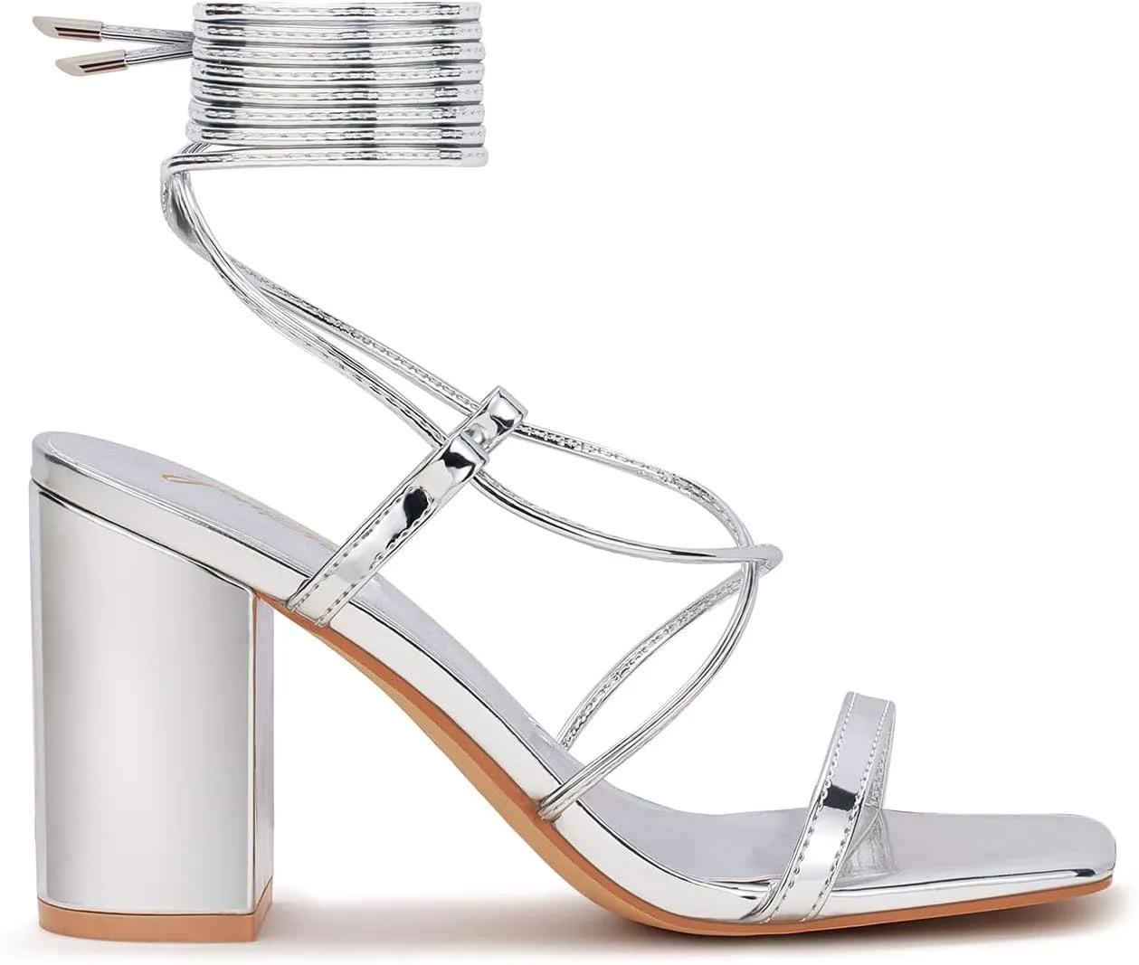 GENSHUO Square Toe Sandals Women Lace up Chunky High Heels Strappy Sandals Block Heeled Ankle Wrap Homecoming Wedding Dress Shoes Gold Size 9.5
