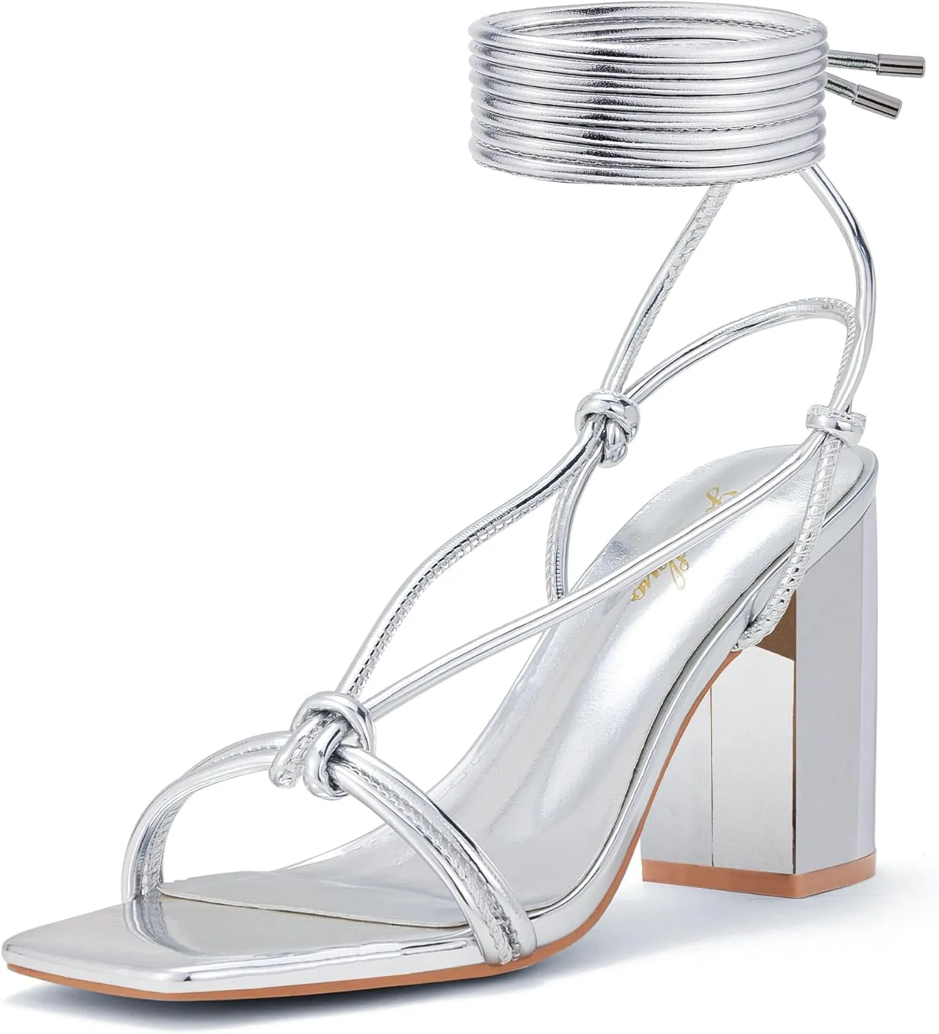 GENSHUO Square Toe Sandals Women Lace up Chunky High Heels Strappy Sandals Block Heeled Ankle Wrap Homecoming Wedding Dress Shoes Gold Size 9.5