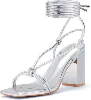 GENSHUO Square Toe Sandals Women Lace up Chunky High Heels Strappy Sandals Block Heeled Ankle Wrap Homecoming Wedding Dress Shoes Gold Size 9.5
