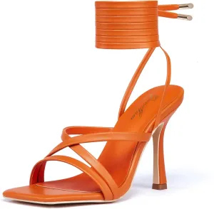 GENSHUO Women's heeled Sandals Strappy Lace up Stiletto High Heel Sandals Square Toe Sandals Tie up Heels Sandals for Party Prom Homecoming Dress Shoes