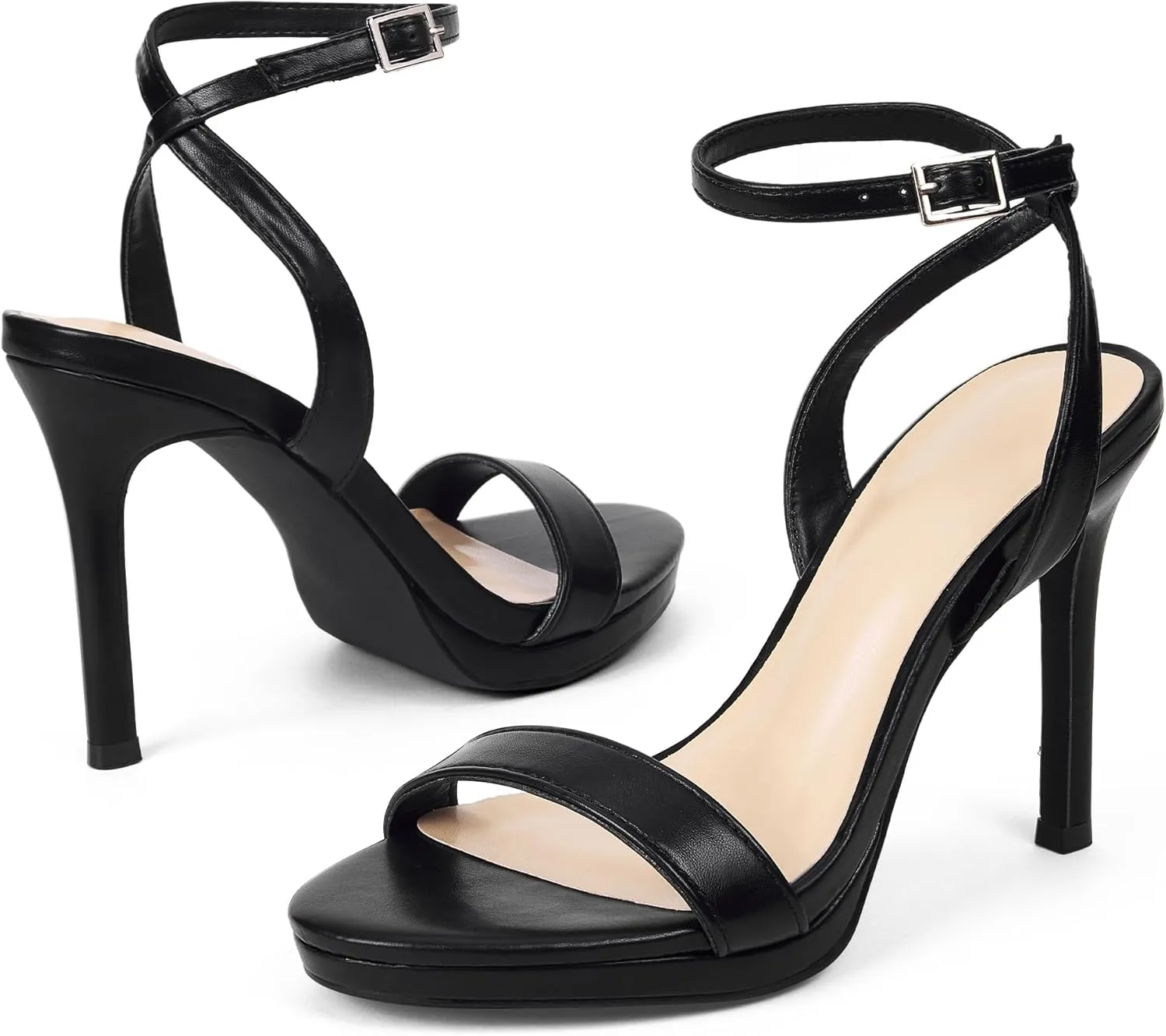 GENSHUO Women's High Heels Strappy Sandals with Round Open Toe Sexy Comfortable Ankle Strap Stiletto Wedding Prom Party Homecoming Dance Heeled Shoes