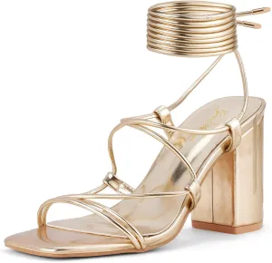 GENSHUO Women's Strappy Chunky Heels Sandals, Lace Up Square Open Toe Ankle Wrap Block Heeled Homecoming Wedding Dress Shoes