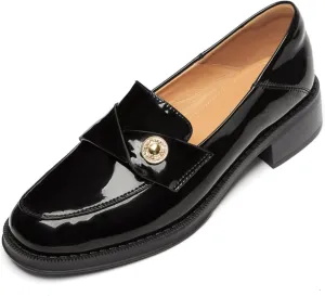 Genuine Leather Womens Loafers - Black Closed Round Toe Slip-on Penny Loafers for Women, Comfortable Business Casual Dress Leather Shoes