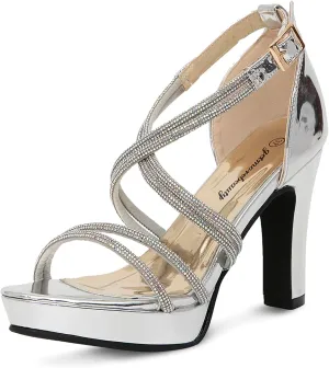 getmorebeauty Women's Block High Heels Criss Cross Rhinestone Strappy Sandals Open Toe Dressy Platform Sandals Shoes