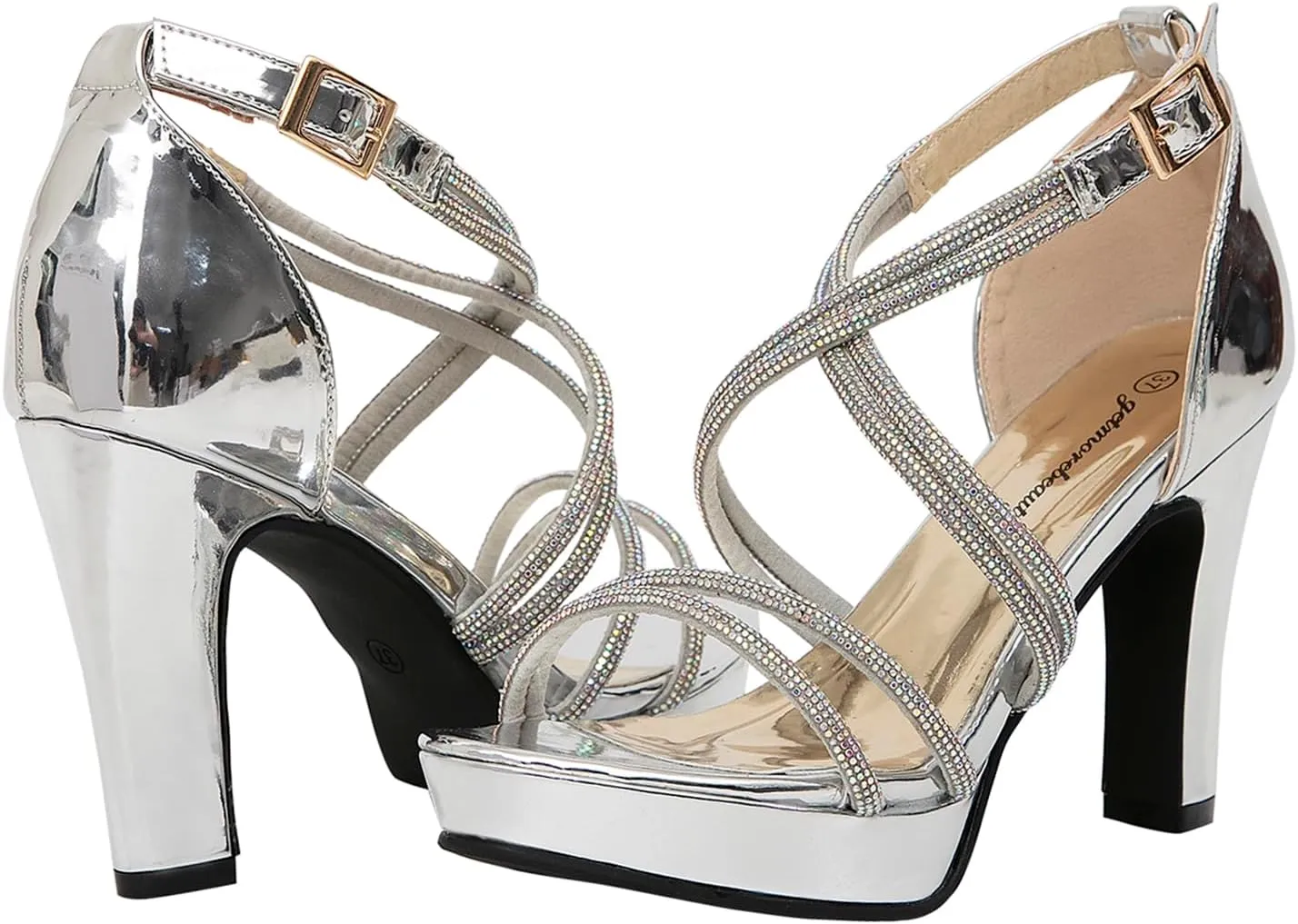 getmorebeauty Women's Block High Heels Criss Cross Rhinestone Strappy Sandals Open Toe Dressy Platform Sandals Shoes