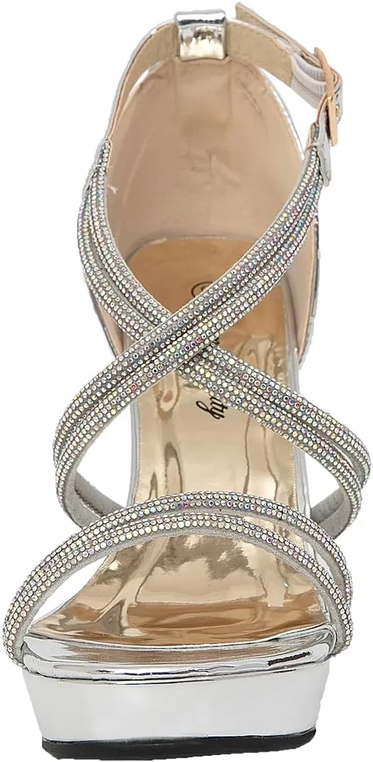 getmorebeauty Women's Block High Heels Criss Cross Rhinestone Strappy Sandals Open Toe Dressy Platform Sandals Shoes