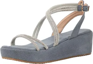 getmorebeauty Women's Rhinestone Cross Strappy Wedge Sandals Open Toe Platform Low Heel Dress Shoes