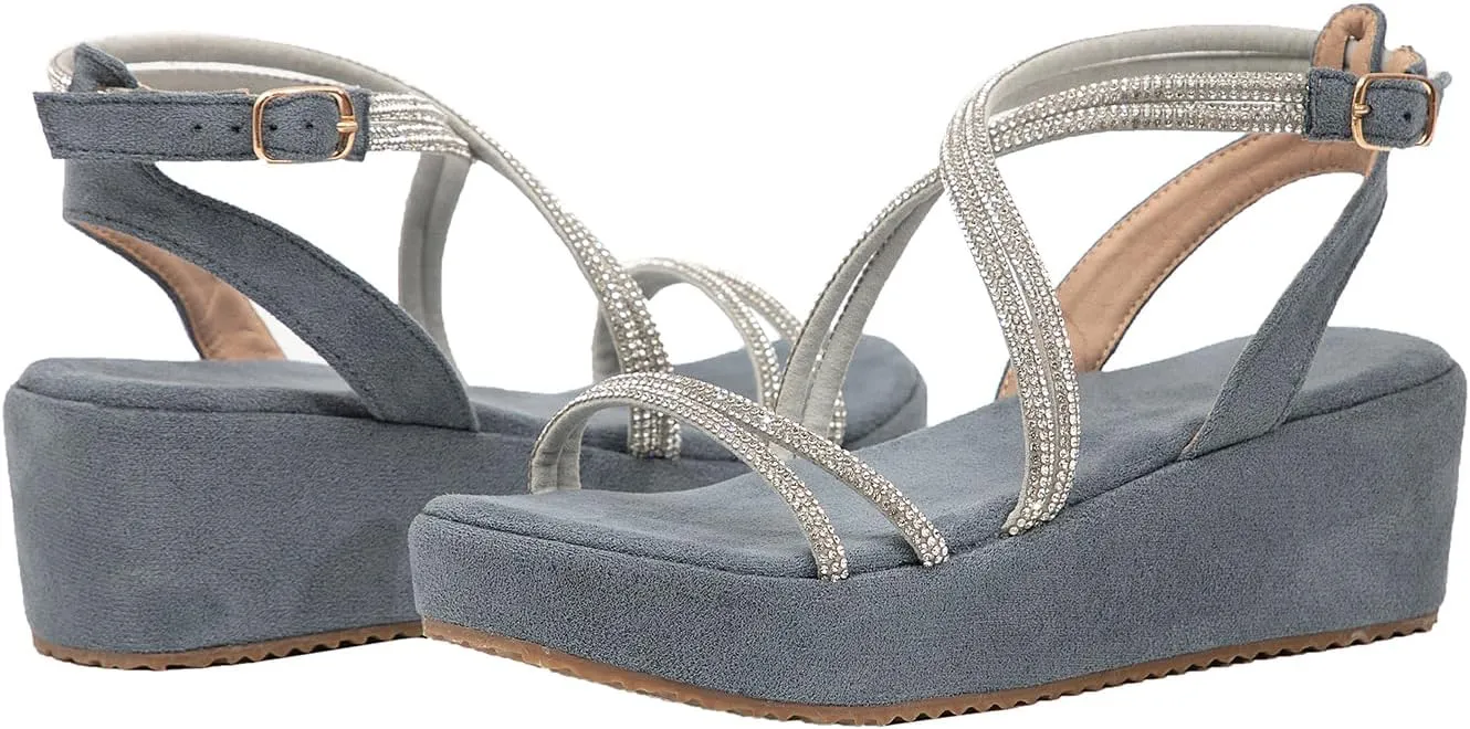 getmorebeauty Women's Rhinestone Cross Strappy Wedge Sandals Open Toe Platform Low Heel Dress Shoes