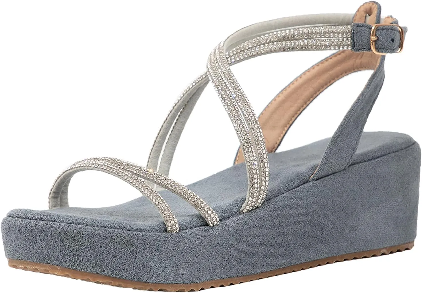 getmorebeauty Women's Rhinestone Cross Strappy Wedge Sandals Open Toe Platform Low Heel Dress Shoes
