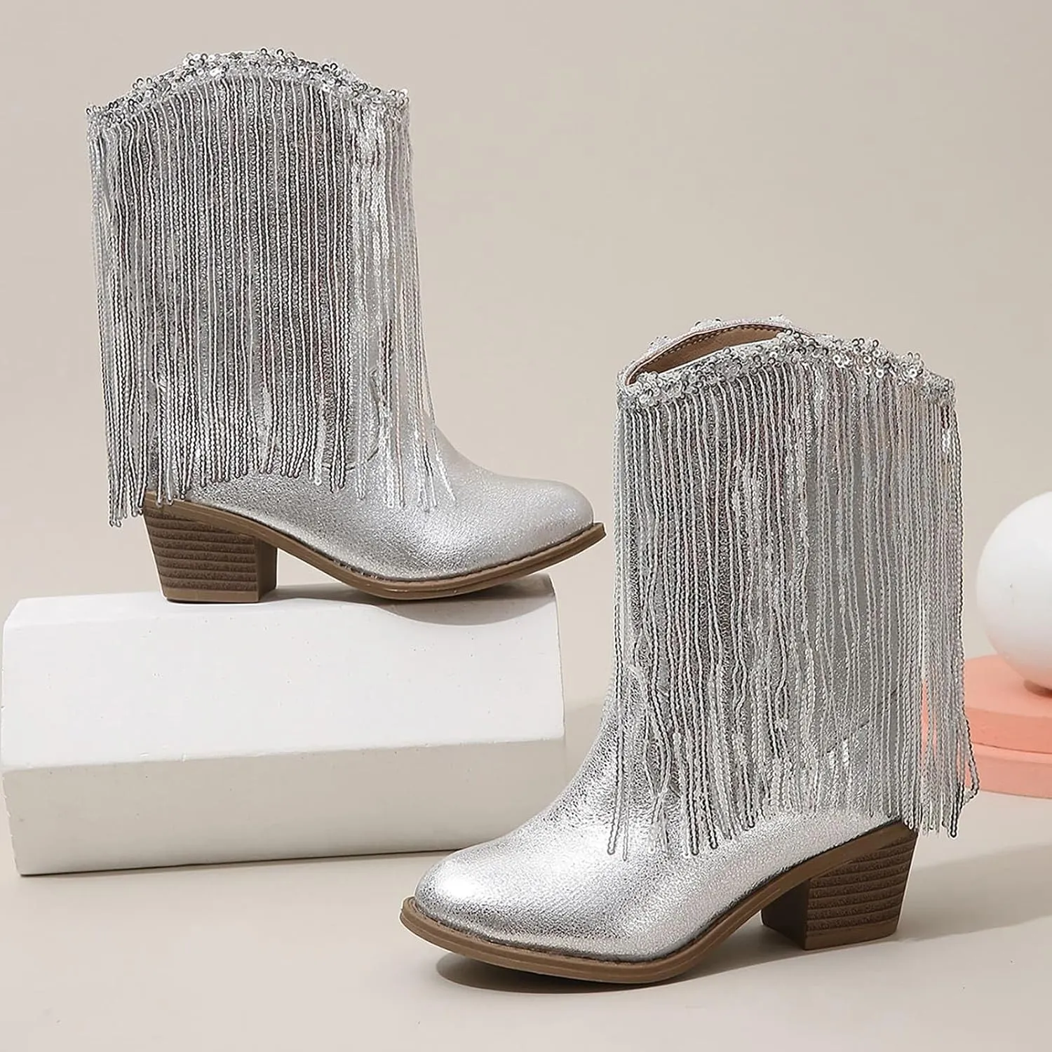 Girl's Cowgirl Boots Cowboy Fringe Western Boots Chunky Heel Tassel Mid Calf Boots Kids Pointed Toe Riding Boots