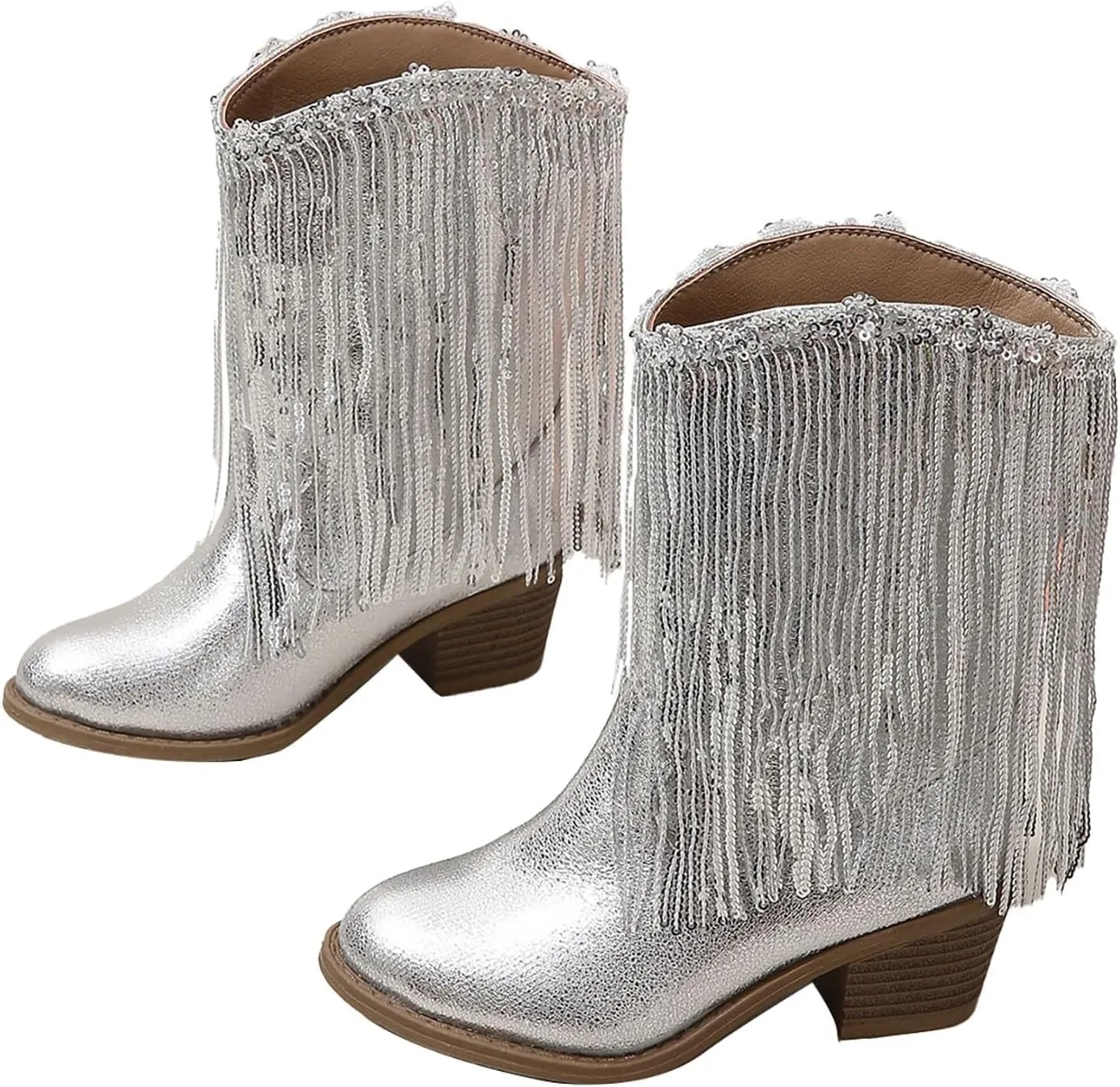 Girl's Cowgirl Boots Cowboy Fringe Western Boots Chunky Heel Tassel Mid Calf Boots Kids Pointed Toe Riding Boots
