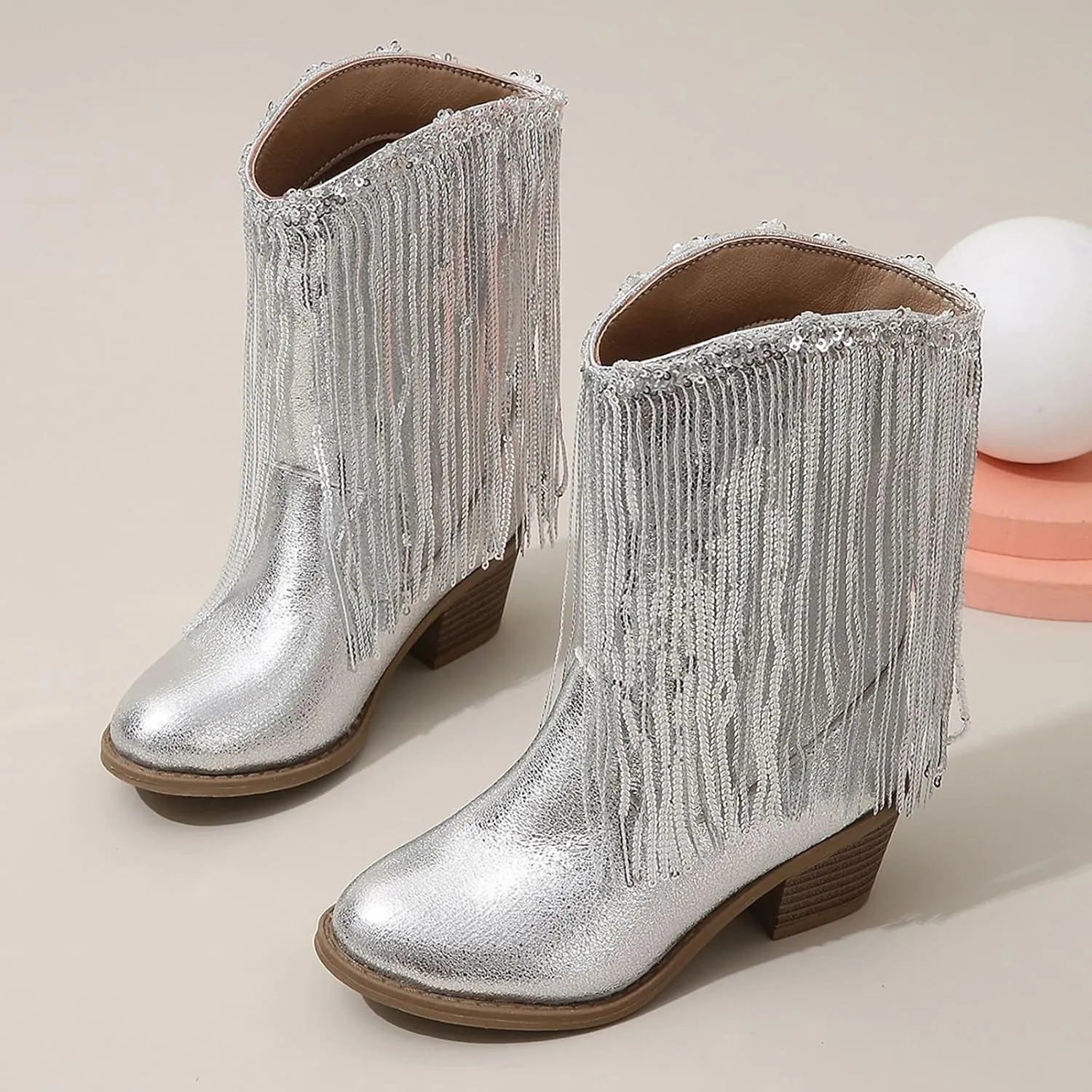 Girl's Cowgirl Boots Cowboy Fringe Western Boots Chunky Heel Tassel Mid Calf Boots Kids Pointed Toe Riding Boots