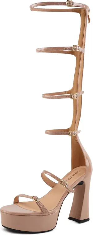 Gladiator Platform Heels for Women, High Heel Strappy Sandals With Chunky Block Heel, Sexy Zipper Platform With Adjustable Straps, Dressy Wedding Shoes Trendy