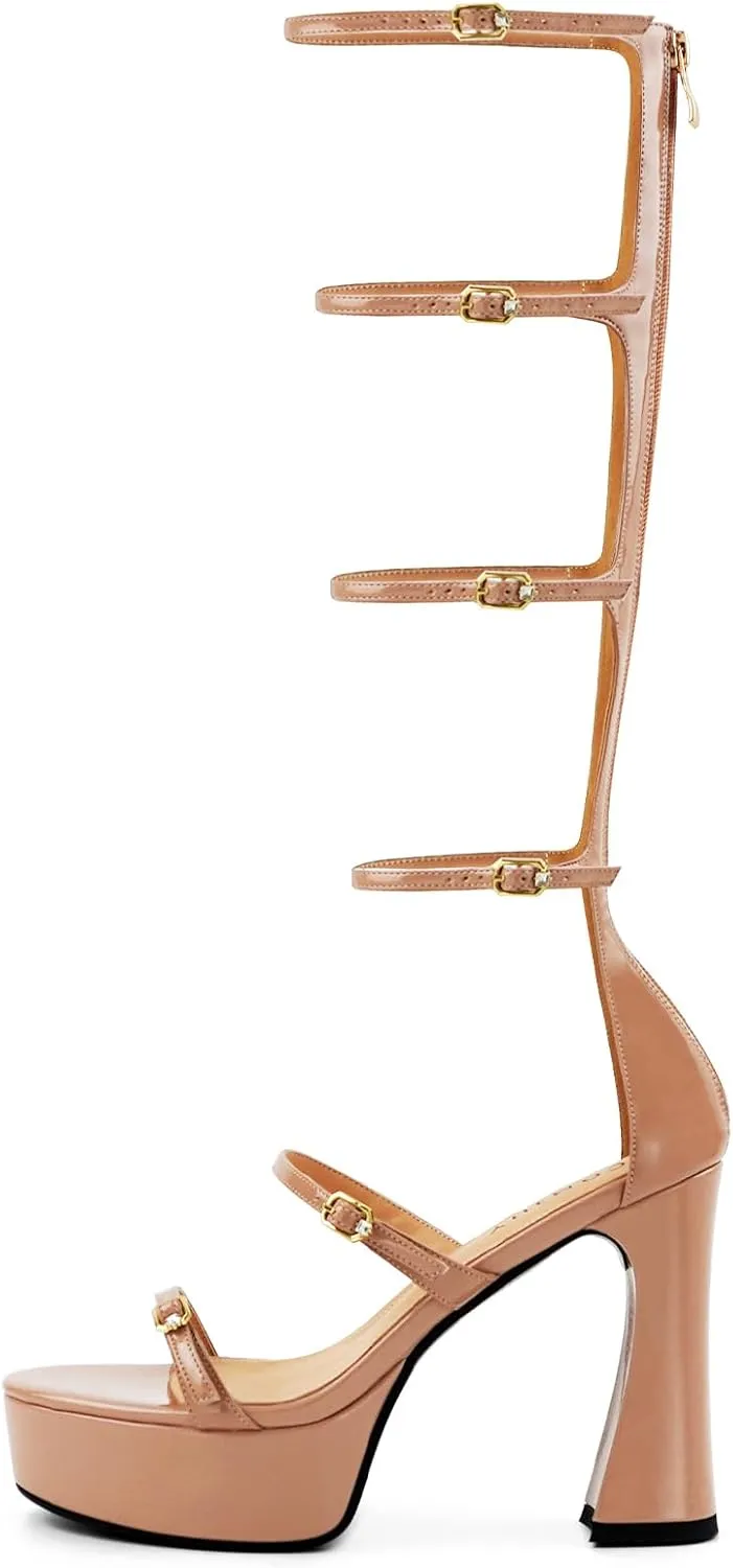 Gladiator Platform Heels for Women, High Heel Strappy Sandals With Chunky Block Heel, Sexy Zipper Platform With Adjustable Straps, Dressy Wedding Shoes Trendy