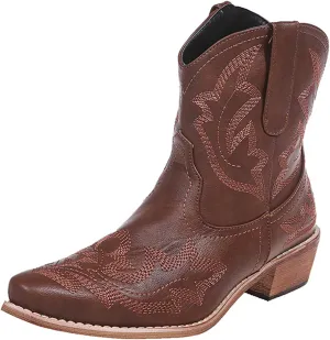gloryinterest Cowboy Boots for Women Booties Ankle Cowgirl Western Boots Stitched Embroidered Pointed Toe Short Chunky Classic Brown Red Blue US6-10.5