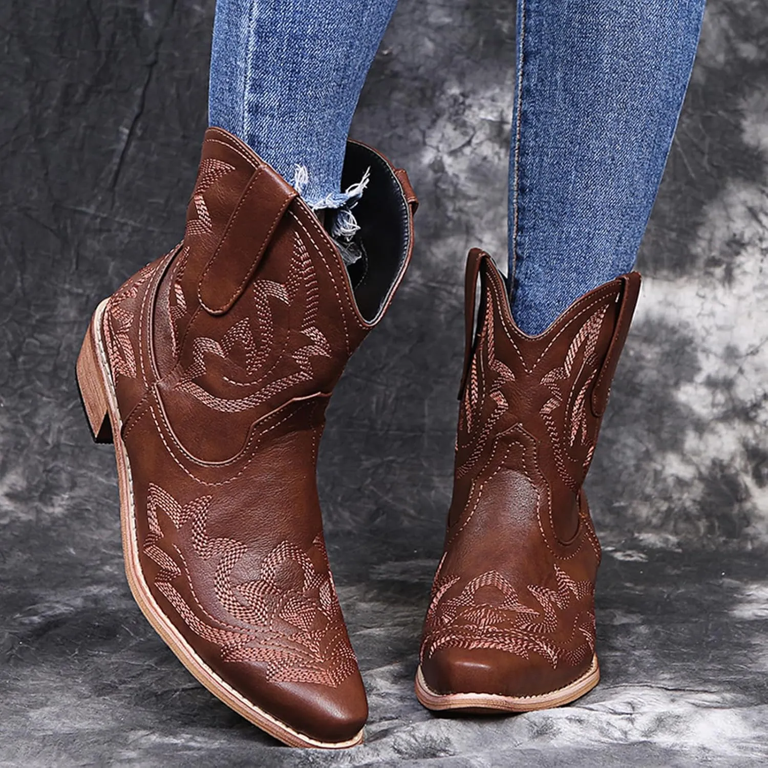 gloryinterest Cowboy Boots for Women Booties Ankle Cowgirl Western Boots Stitched Embroidered Pointed Toe Short Chunky Classic Brown Red Blue US6-10.5