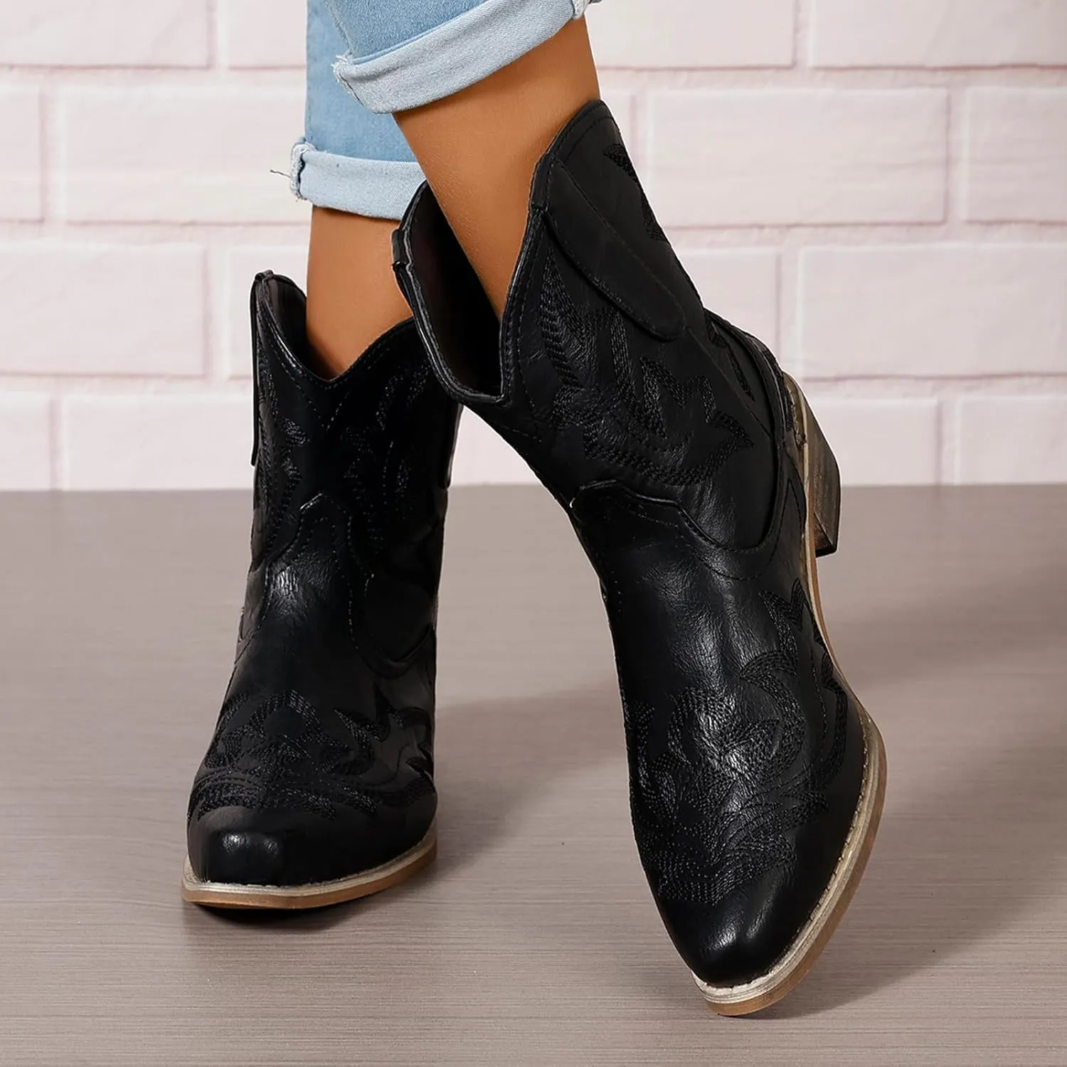 gloryinterest Cowboy Boots for Women Booties Ankle Cowgirl Western Boots Stitched Embroidered Pointed Toe Short Chunky Classic Brown Red Blue US6-10.5