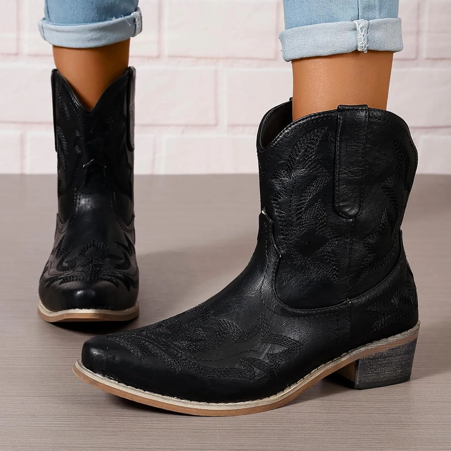 gloryinterest Cowboy Boots for Women Booties Ankle Cowgirl Western Boots Stitched Embroidered Pointed Toe Short Chunky Classic Brown Red Blue US6-10.5