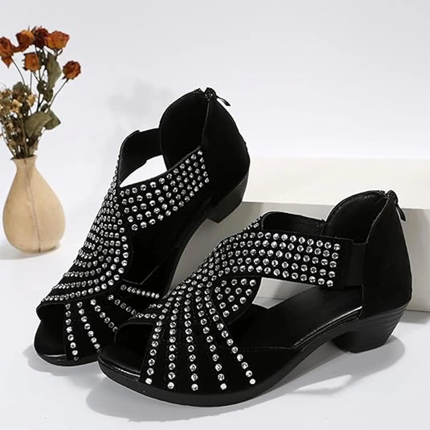 Glow Step Orthopedic Low Heel Cut-Out Sandals, Women Sparkly Rhinestone Open Toe Dress Cut out Shoes