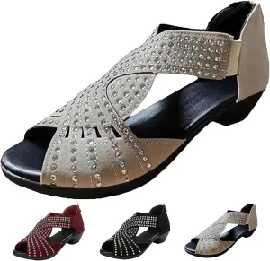 Glow Step Orthopedic Low Heel Cut-Out Sandals, Women Sparkly Rhinestone Open Toe Dress Cut out Shoes