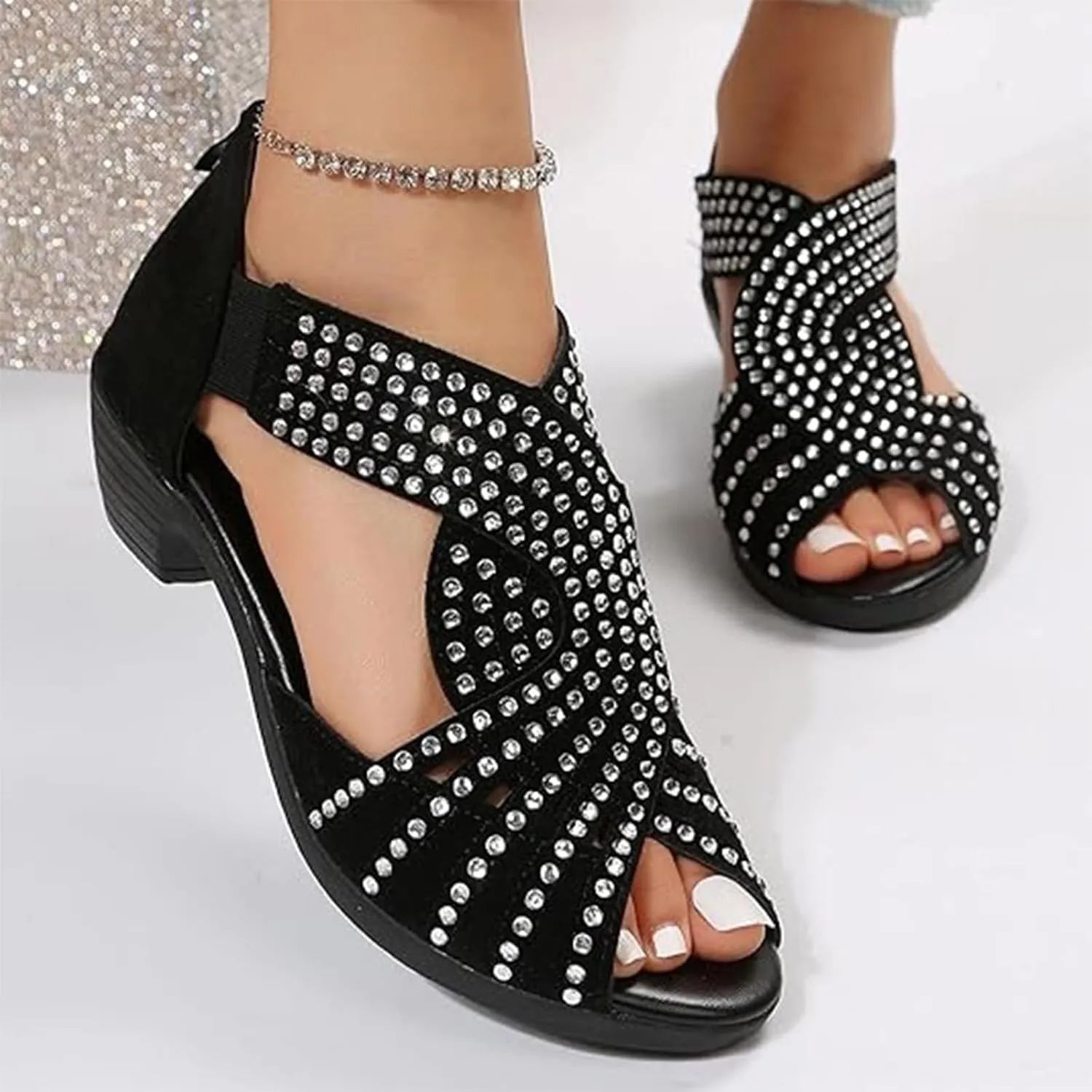 Glow Step Orthopedic Low Heel Cut-Out Sandals, Women Sparkly Rhinestone Open Toe Dress Cut out Shoes