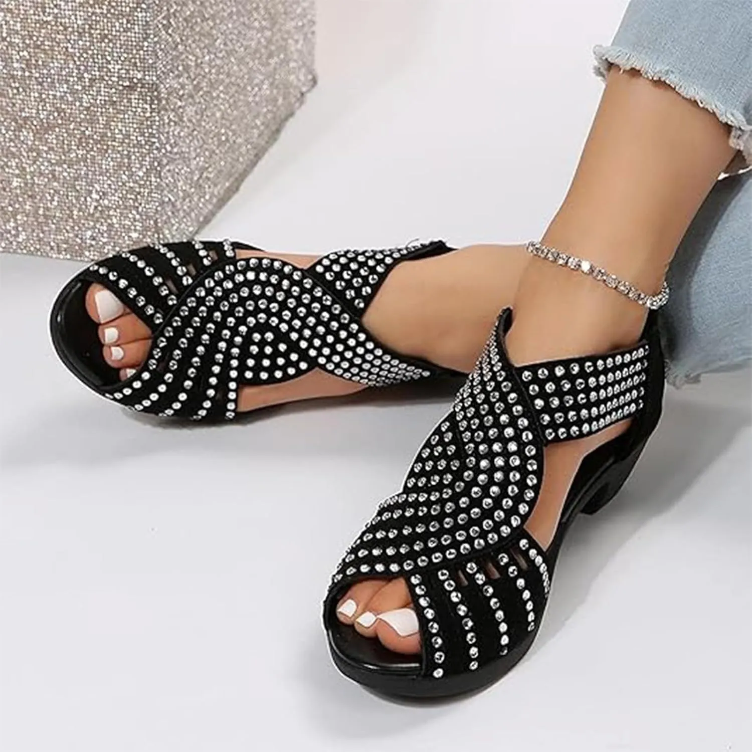 Glow Step Orthopedic Low Heel Cut-Out Sandals, Women Sparkly Rhinestone Open Toe Dress Cut out Shoes