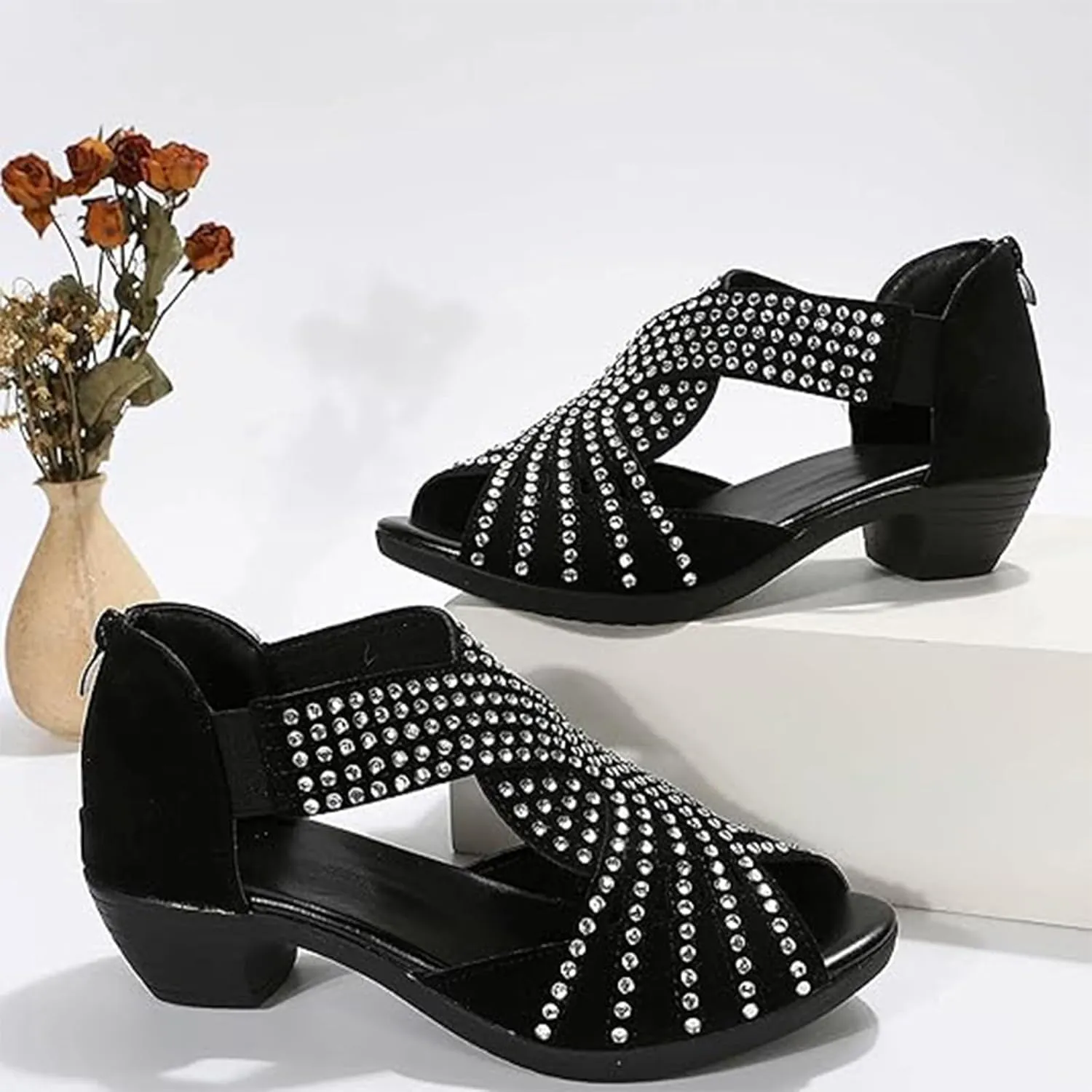 Glow Step Orthopedic Low Heel Cut-Out Sandals, Women Sparkly Rhinestone Open Toe Dress Cut out Shoes