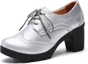 GORBINETI Women Oxfords Brogue Round Toe Pumps Vintage Platform Chunky Mid Heel Lace Up Dress Pump Shoes