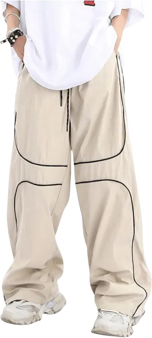 GORGLITTER Men's Baggy Track Pants Y2K Drawstring Elastic Waist Wide Leg Parachute Pants