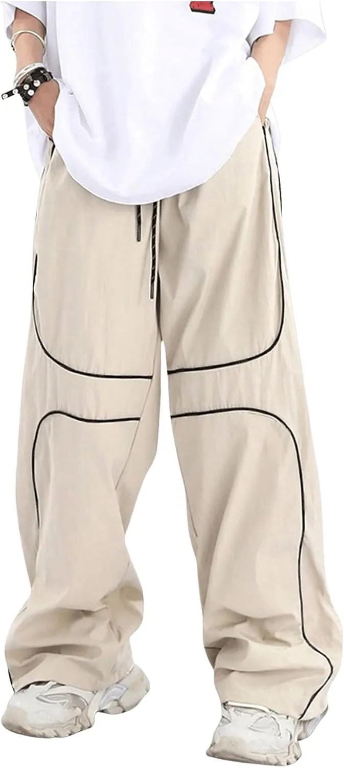 GORGLITTER Men's Baggy Track Pants Y2K Drawstring Elastic Waist Wide Leg Parachute Pants