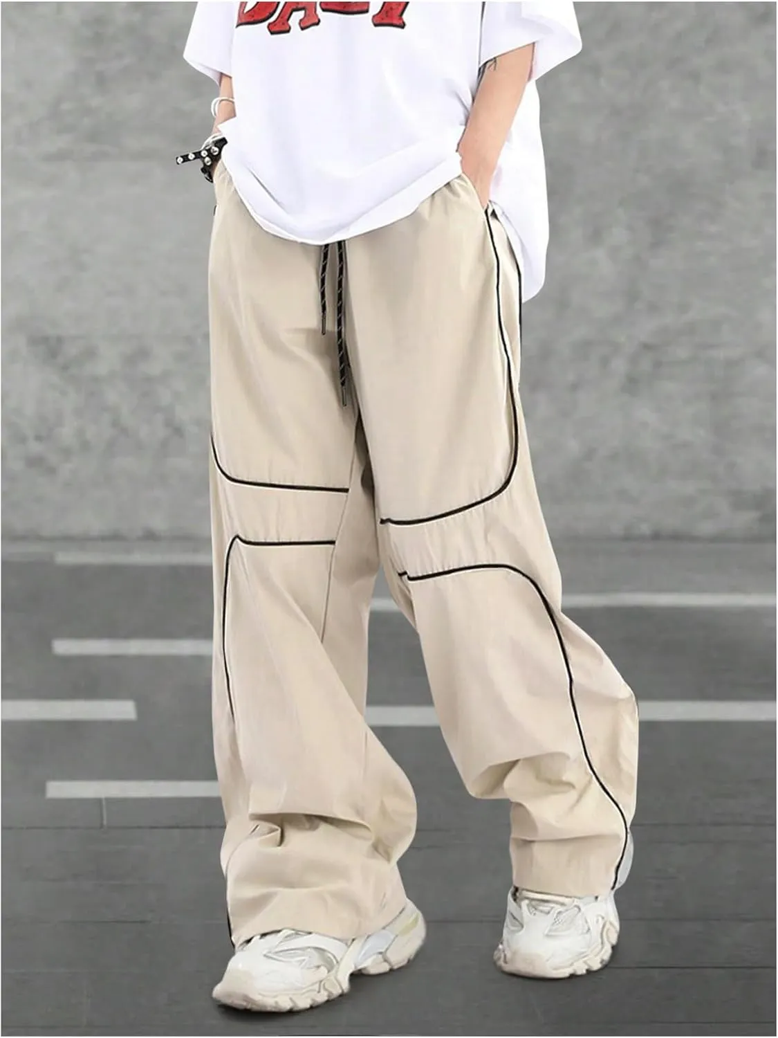 GORGLITTER Men's Baggy Track Pants Y2K Drawstring Elastic Waist Wide Leg Parachute Pants